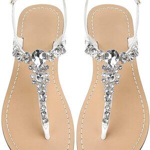 Women's Rhinestone Flat Sandals Beaded Crystal Jewel Shoes Summer Beach